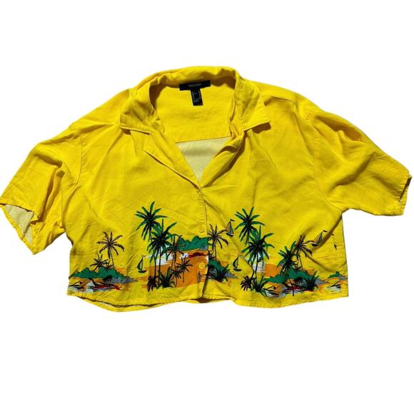 Forever 21 Yellow Tropical Palm Tree Button-Up Crop Shirt Size Medium Vaca Vibes - Picture 1 of 6